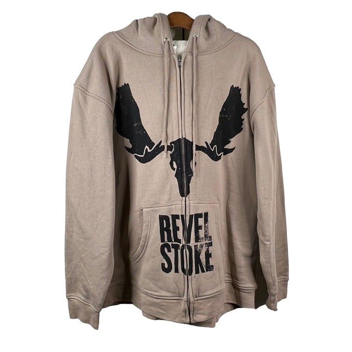 RevelStoke Moose Fleece Hoodie Jacket Full Zip Cotton Blend Casual Tan Men's XL