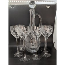 Decanter Set Clear Glass Etched Flowers Floral 6 Long Stem Cordials 6 oz