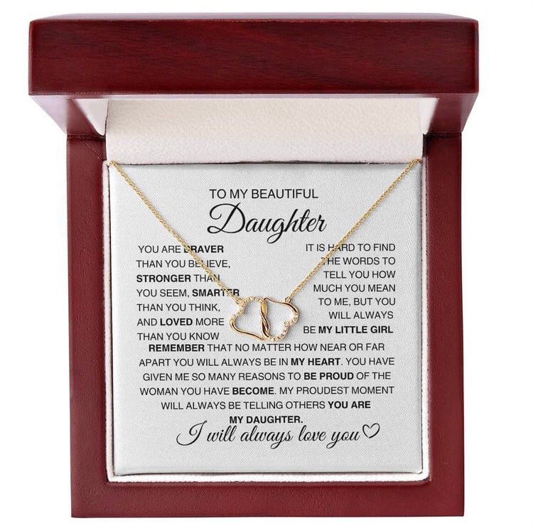 TO MY BEAUTIFUL DAUGHTER NECKLACE HEARTS PENDANT 10K YELLOW GOLD & DIAMONDS