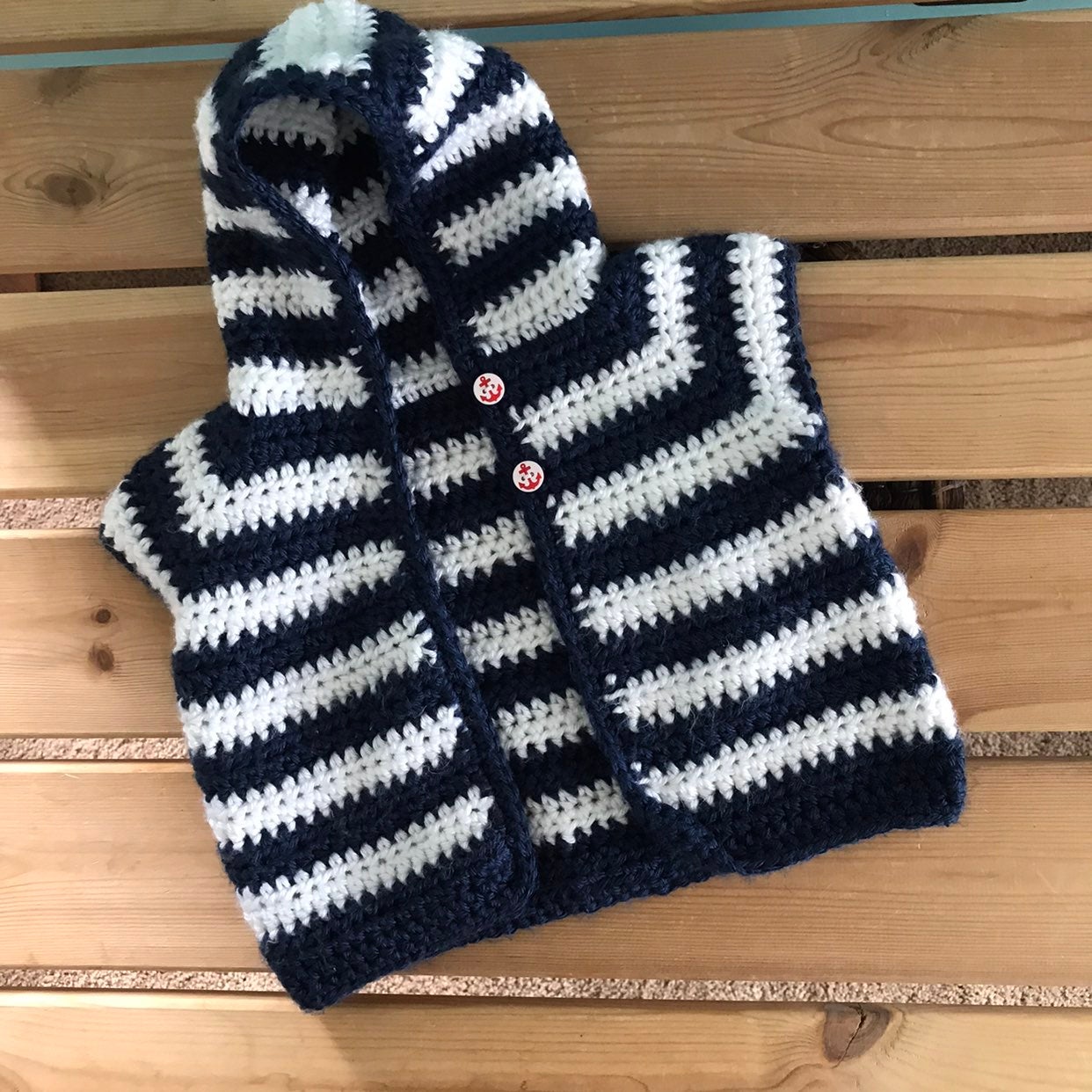 Hand Knit Infant Nautical Vest Hoodie 6M