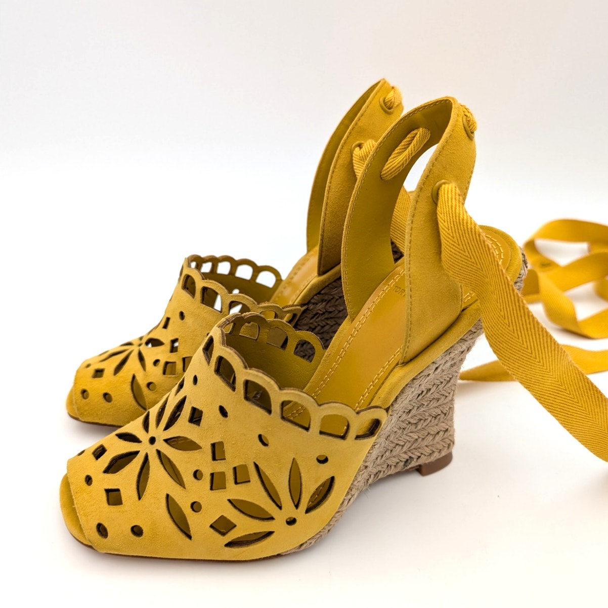 Tory Burch Yellow Laser Cut Wedge Heels Ankle Strappy Sandals Size US5.5M