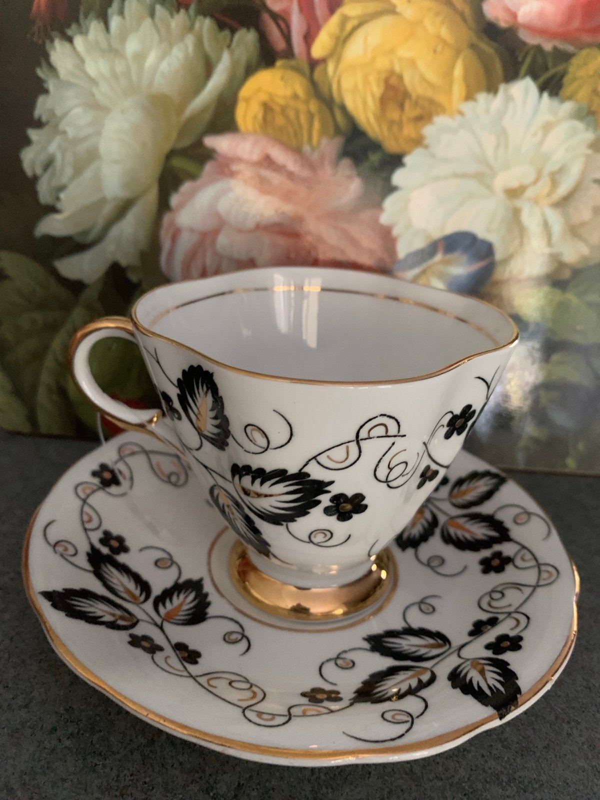 Tea cup & Saucer Windsor Bone China Made in England Numbered Black White & Gold