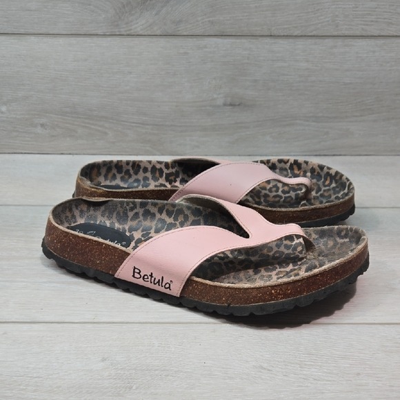 Betula Women's Thong T Strap Pink Leopard Sandals Flats Shoes Sz 39/8 Regular