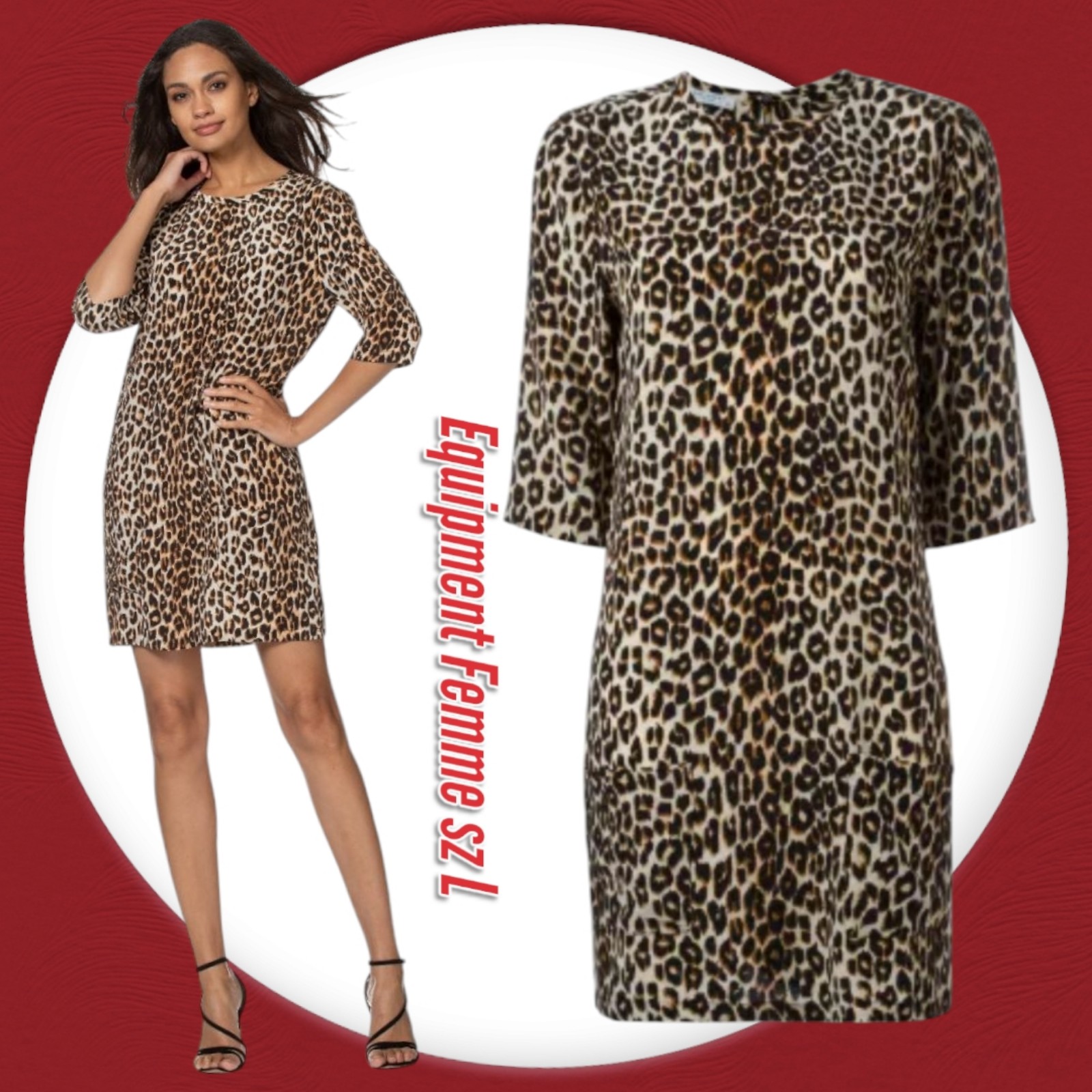Equipment Aubrey Silk Leopard Animal Print 3/4 Sleeves Shift Mini Dress