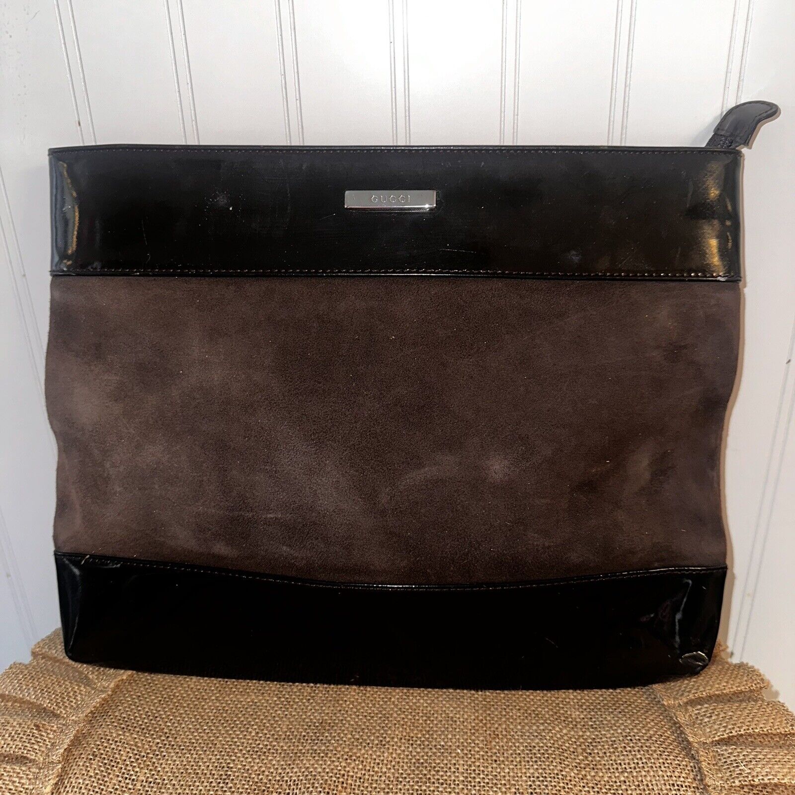 Gucci Vintage Brown Suede Patent Leather Large Clutch Authentic EUC