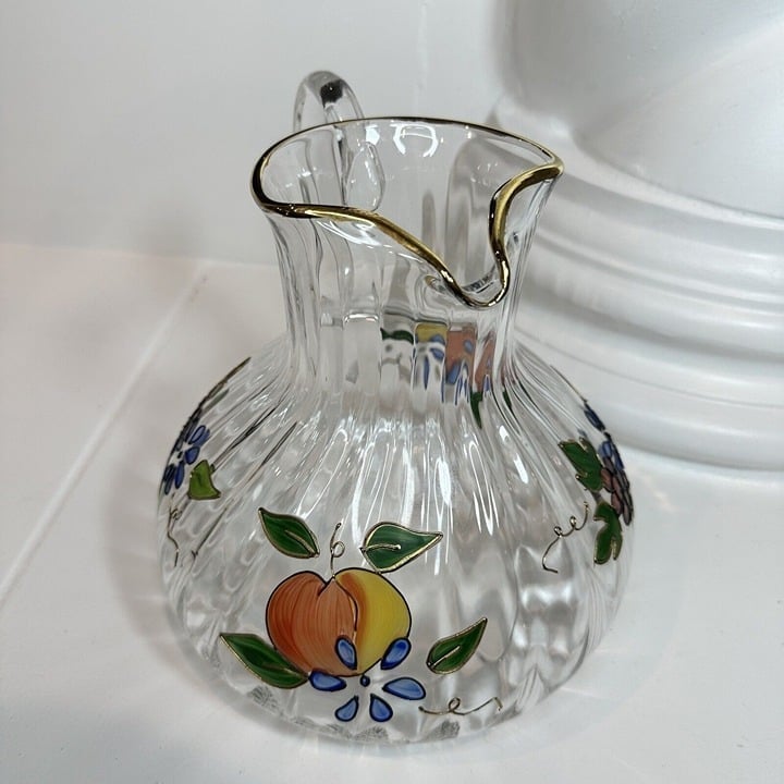 Crystal Clear Pitcher Handcrafted Venetian Fruit 22K Gold Trim Romania 96 oz