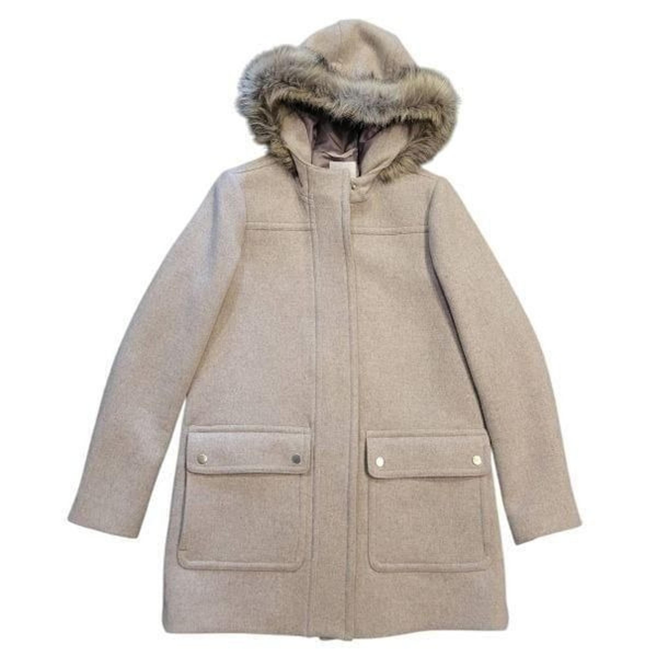 J. Crew Coat Women's XS Beige Neutral Vail Parka Wool Blend Faux Fur Hood