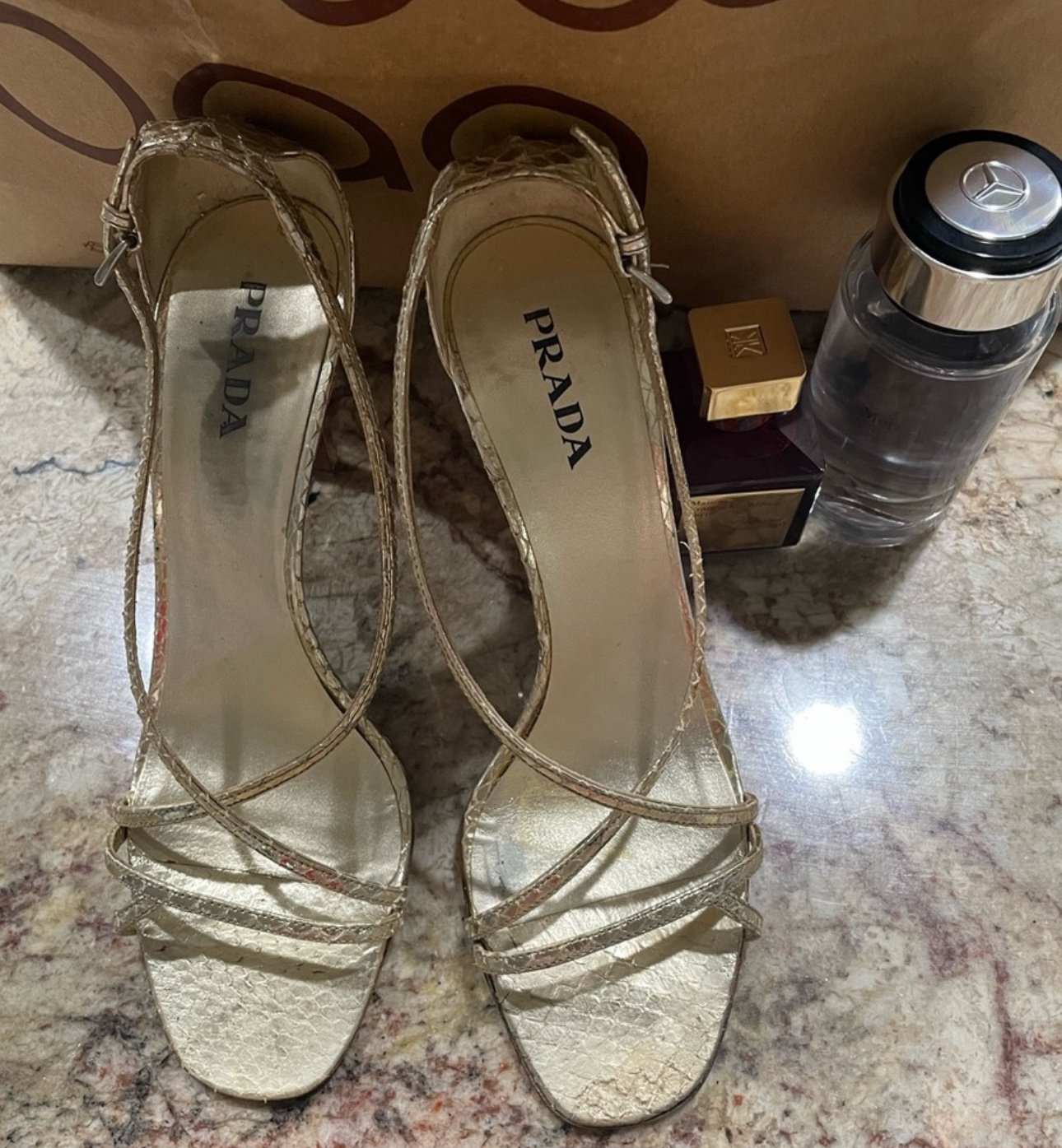 Authentic PRADA Gold Strap Heels 8.5