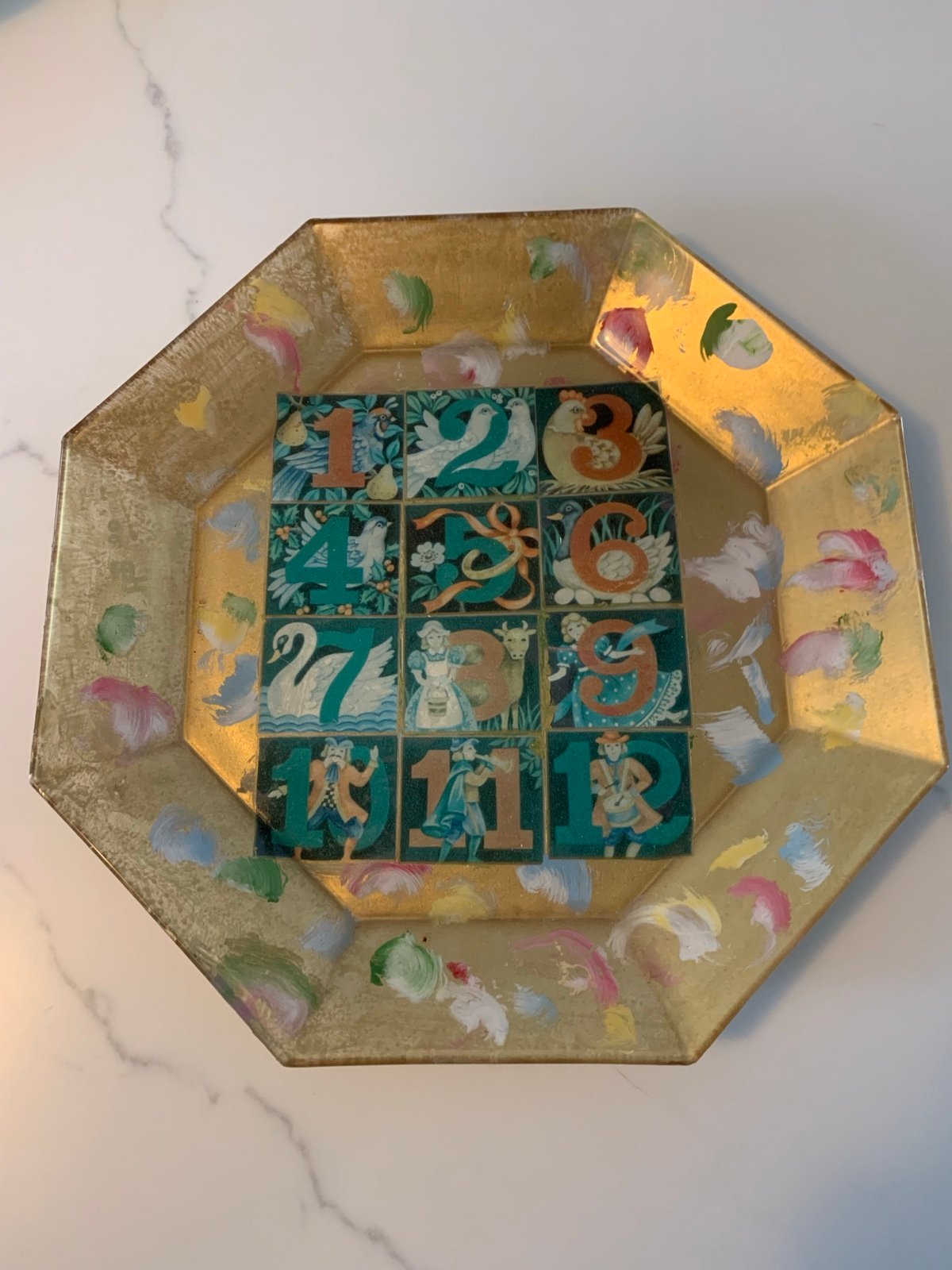 Decoupage Plate “12 Days Of Christmas” 10” Plate By H.B. Artist. Octagonal