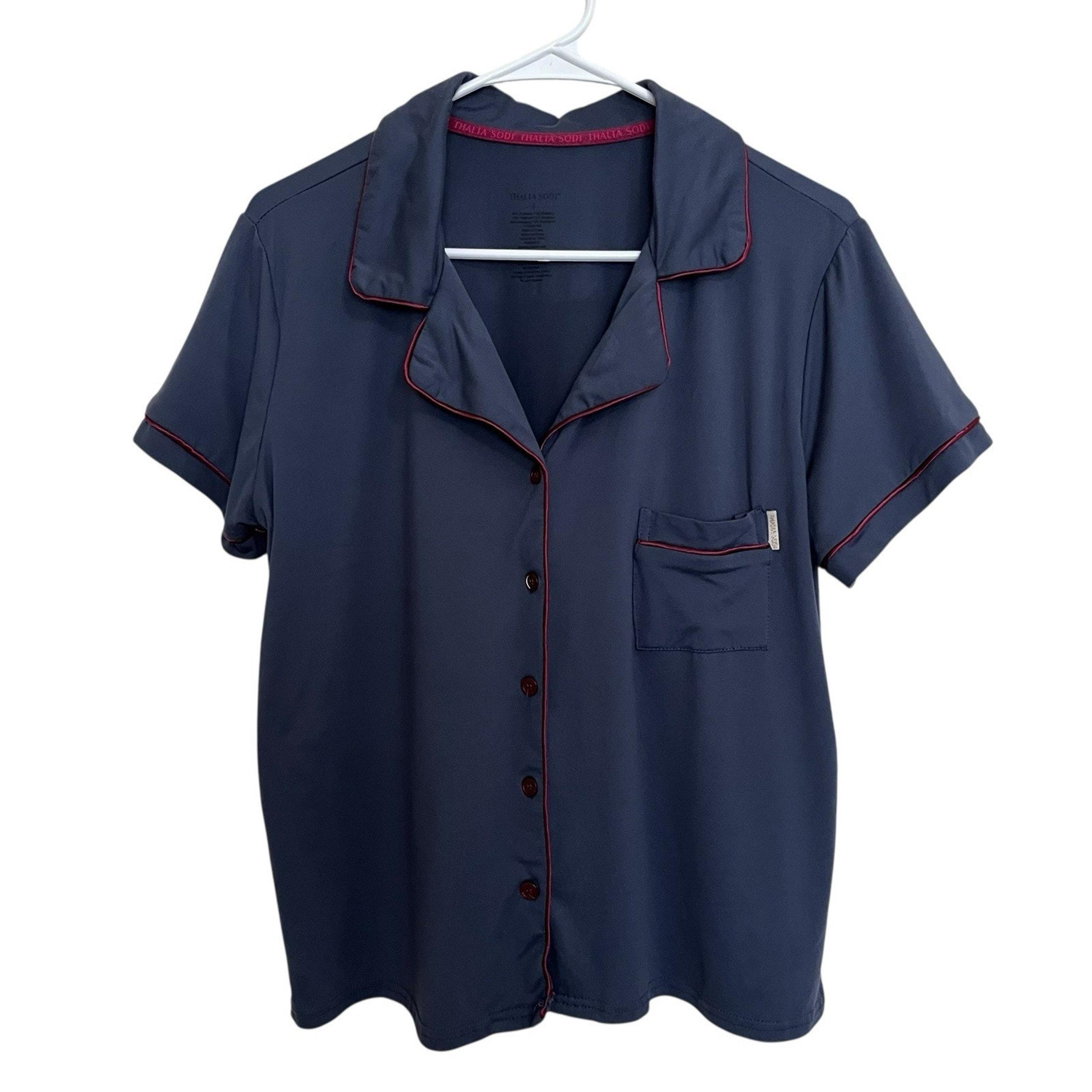 Thalia sodi | Blue Button Sleep Top Red Piping Soft Pajama Shirt Women Large