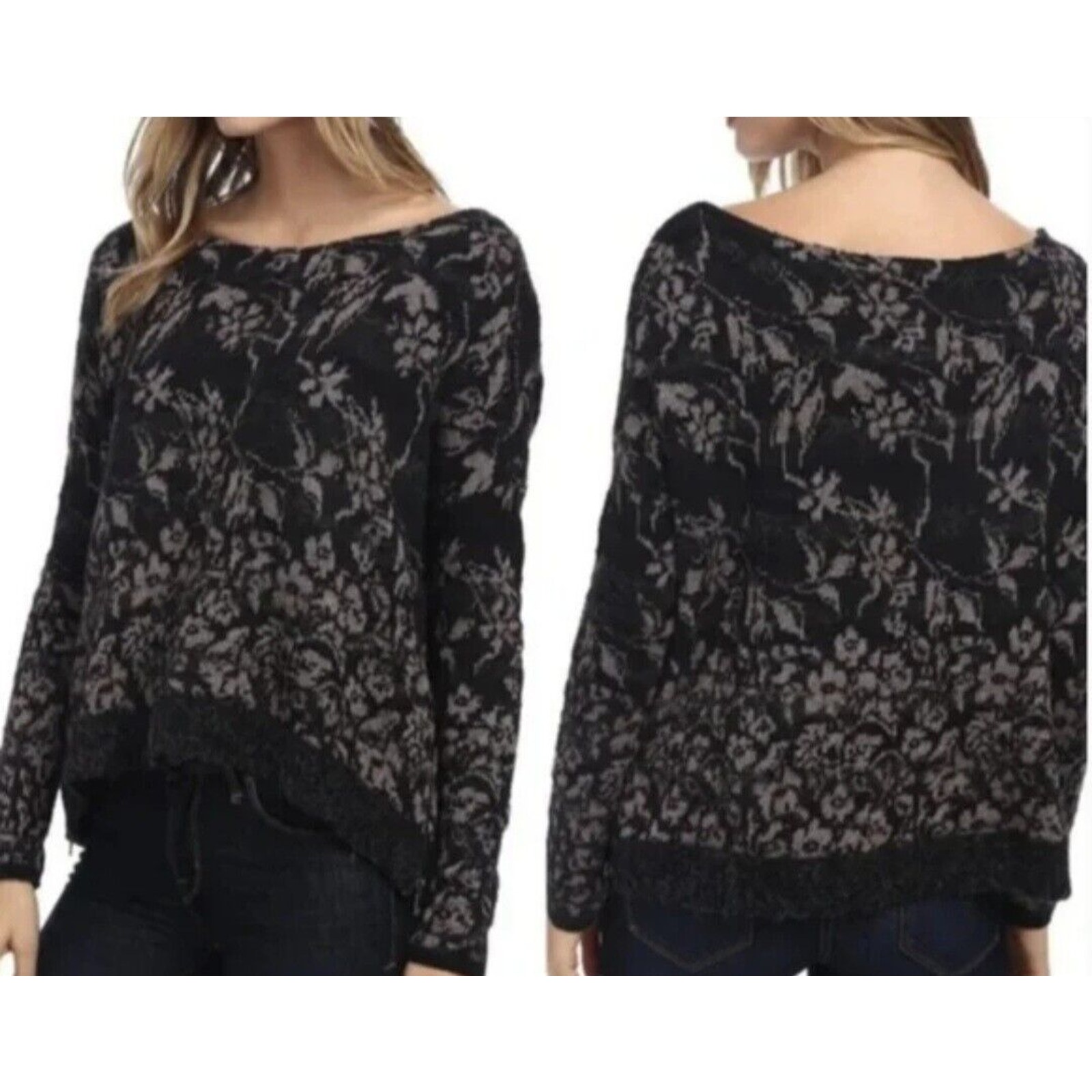 Free People Sweater Womens XS Floral Fields Black Tan Alpaca Linen Wool Bohemian
