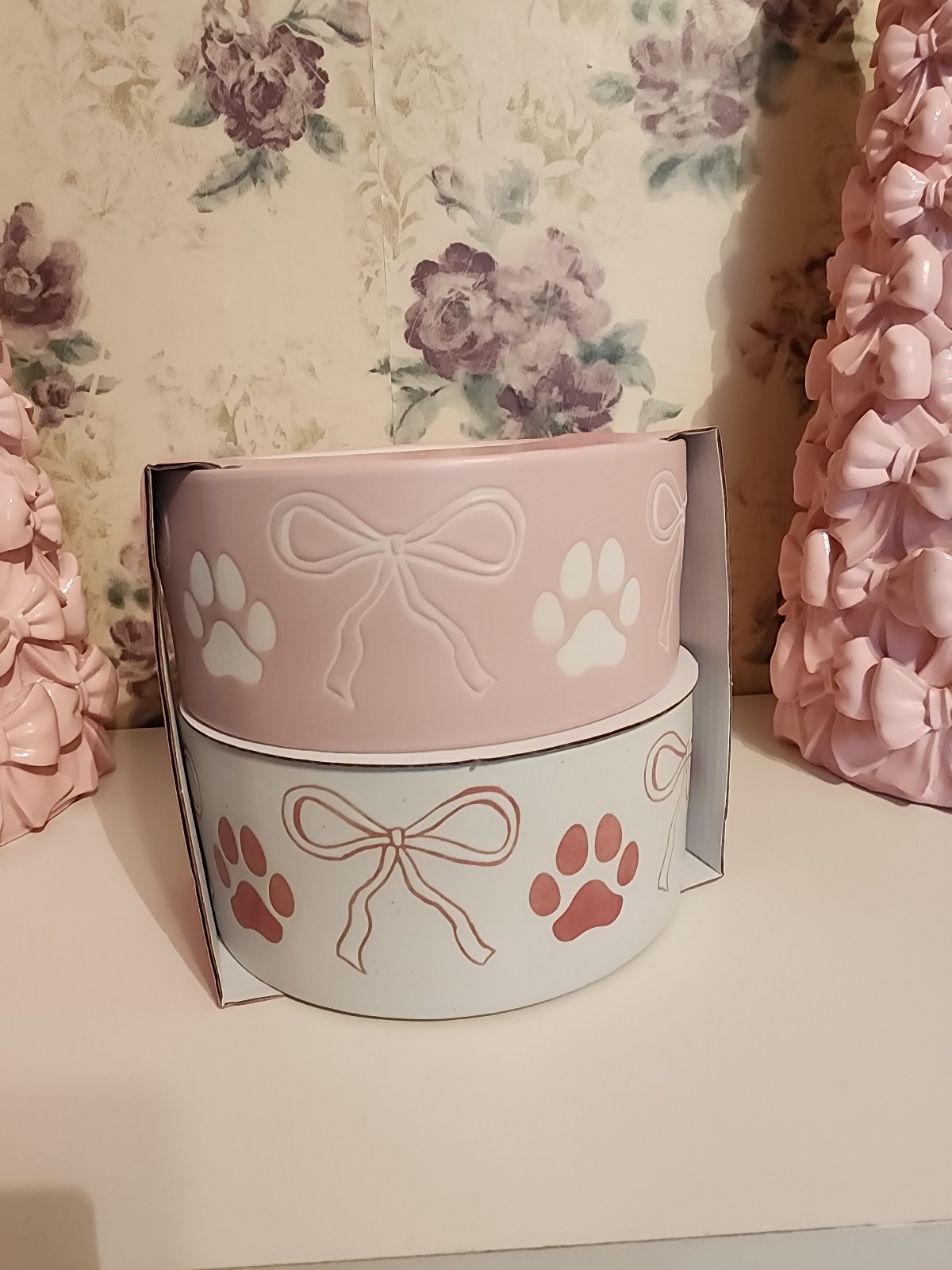 Mellow & Mod Pink & White Coquette Bows & Paws Pet Bowls Set Of 2