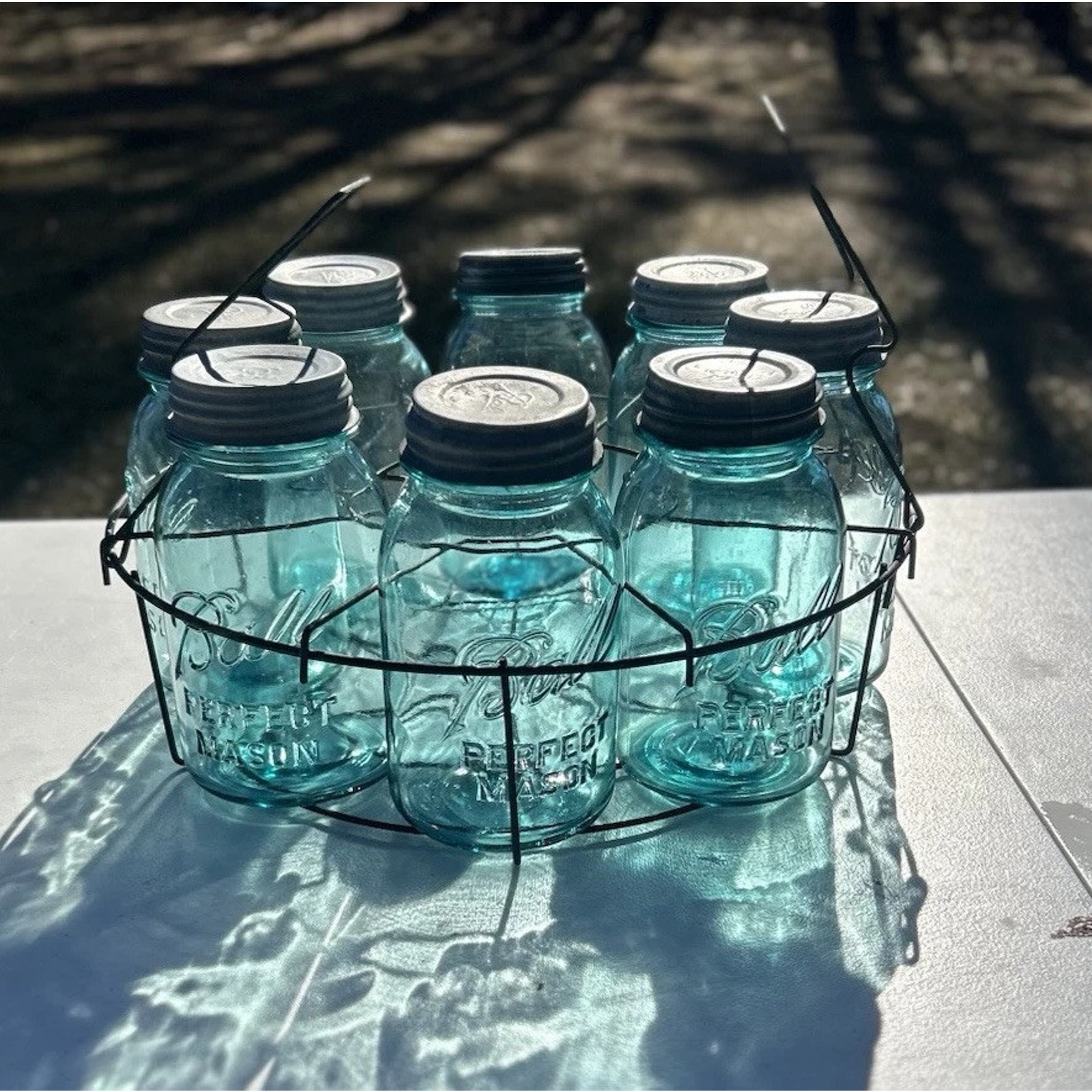Lot of 8 Blue Perfect Mason Ball Quart Jars w/ Zinc Lids & Vintage Wire Carrier