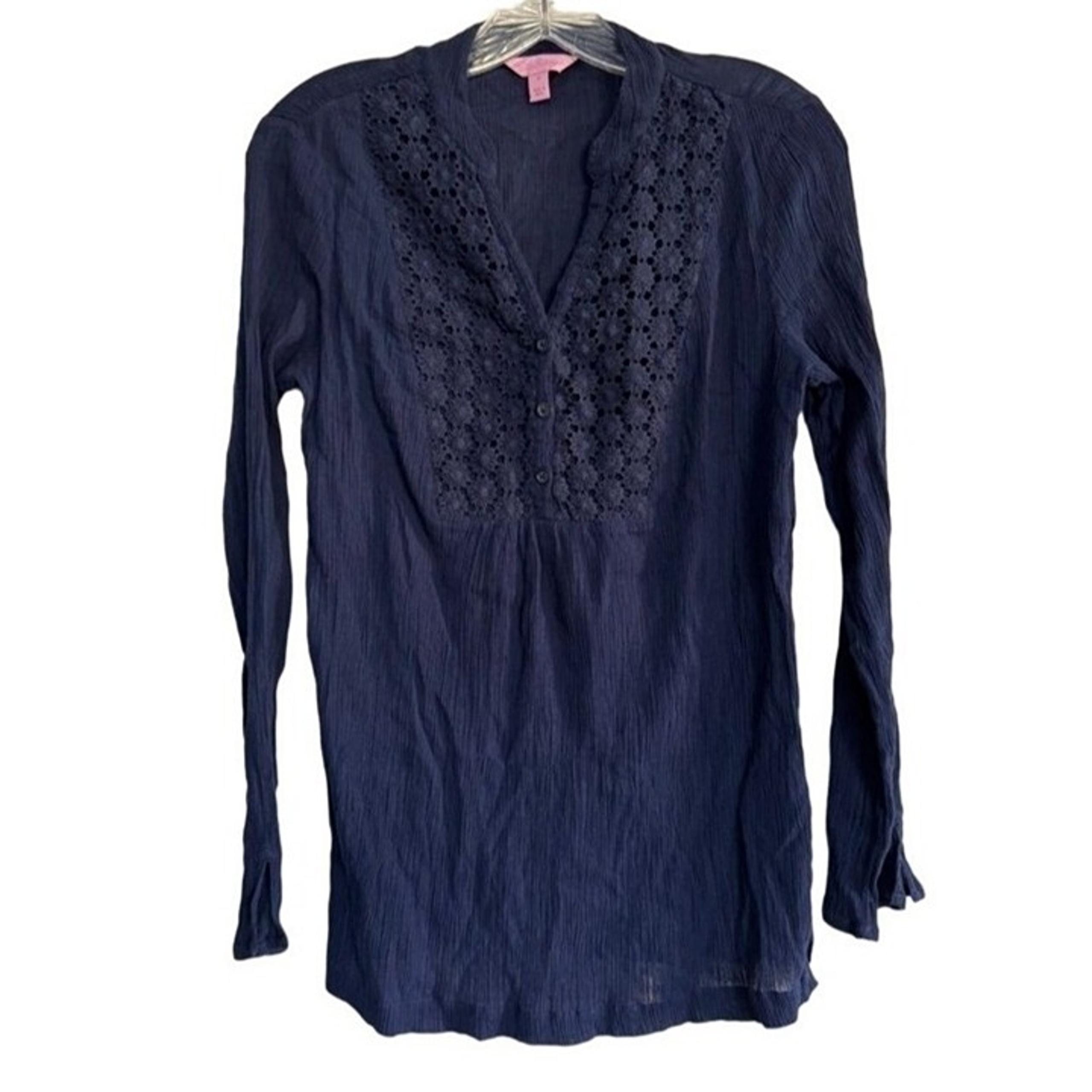 Lilly Pulitzer Freya Crochet Tunic Top Navy Blue Gauze V-Neck Floral Women's S