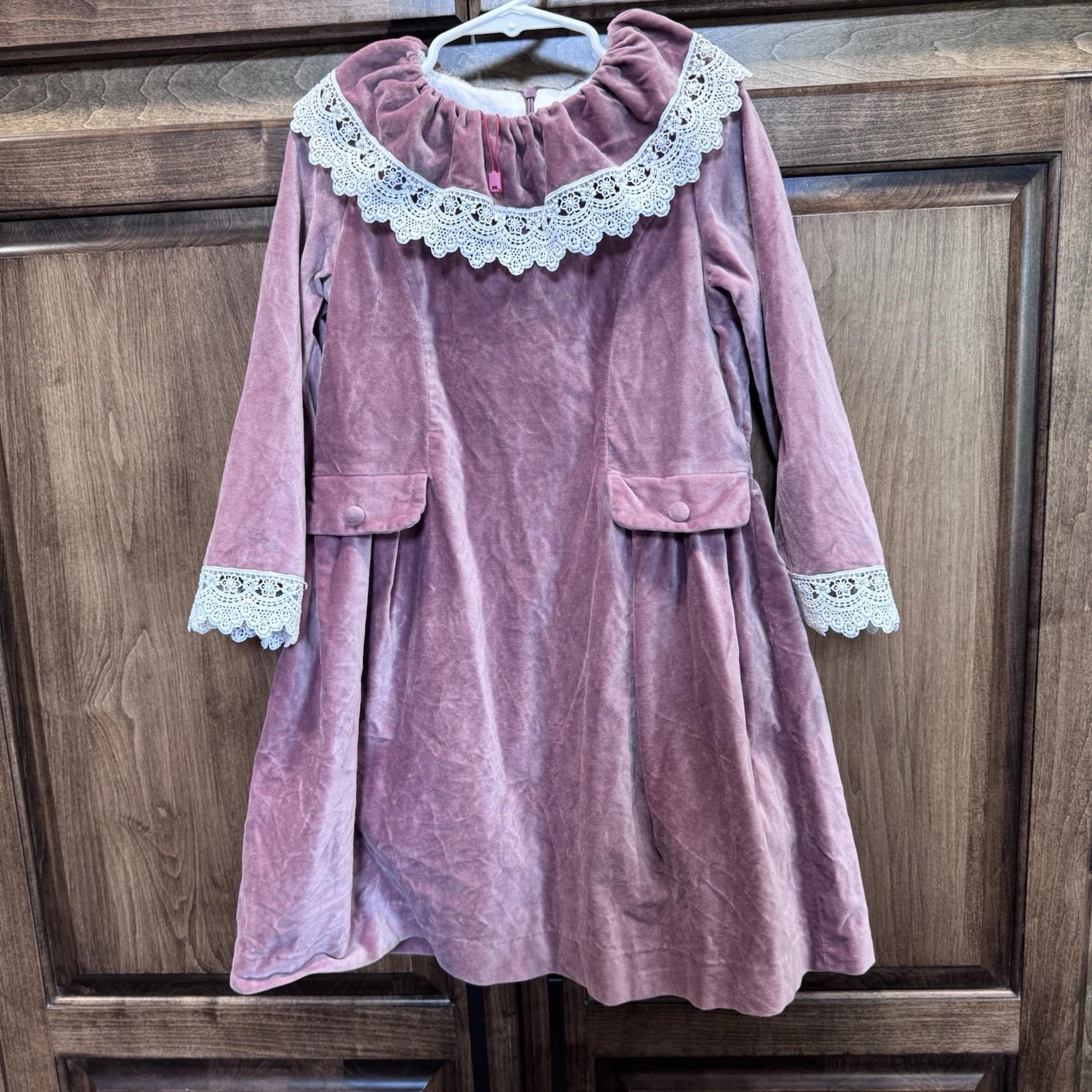 La Coqueta Velvet Pink Long Sleeve Dress with Lace Trim | Size 8 | 100% Cotton