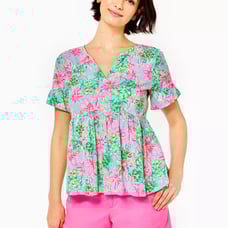 Lilly Pulitzer Jodee Ruffle Sleeve Swing Floral Top - Surf Blue So Shellegant M