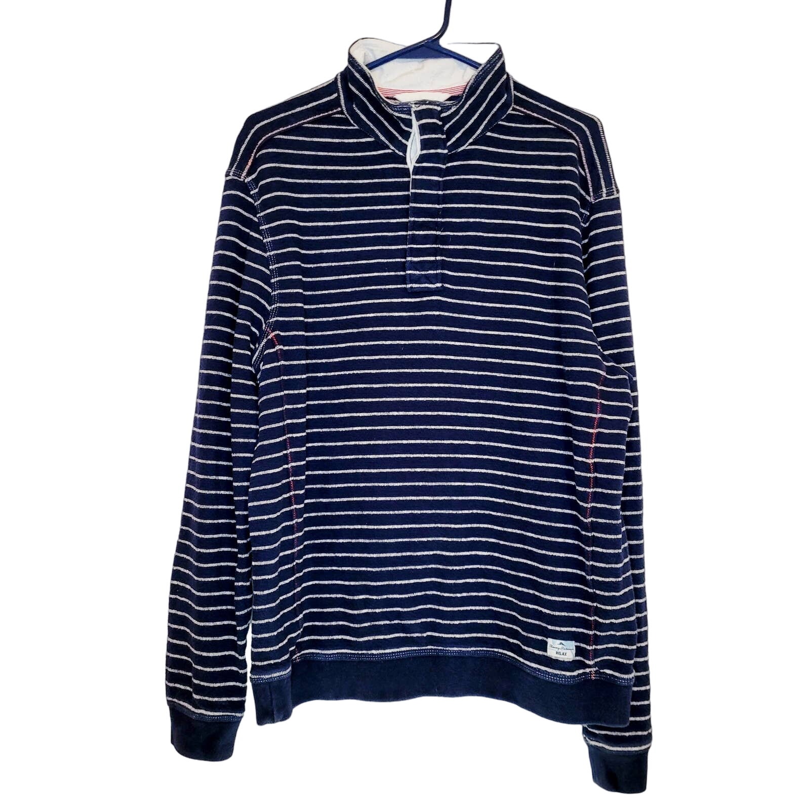 Tommy Bahama blue and white striped terry cloth long sleeved henley shirt