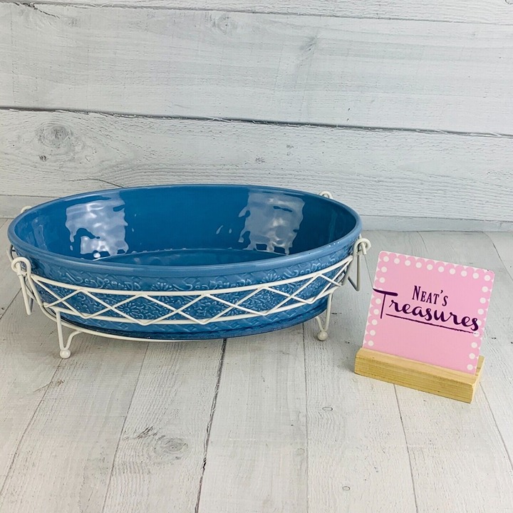 Temptation By Tara Ovenware BOUQUET Blue Oval Stoneware Baker Rack Trivet Set