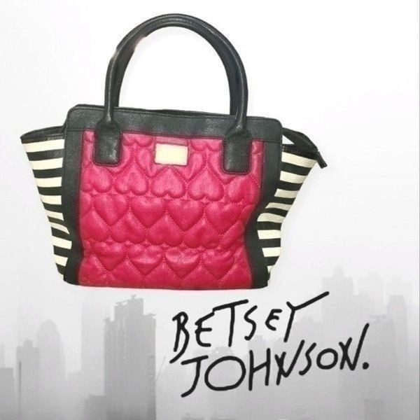Betsey Johnson NY Heart Quilted Faux Leather Satchel Purse Hot Pink/Black/White