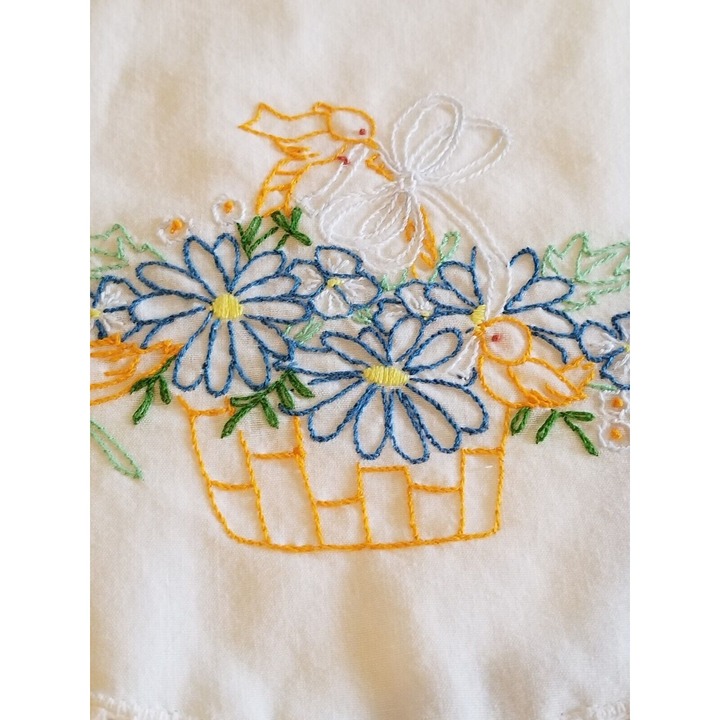 2 Vintage Hand Embroidered Pillowcases Crochet Border Standard Basket of Flowers