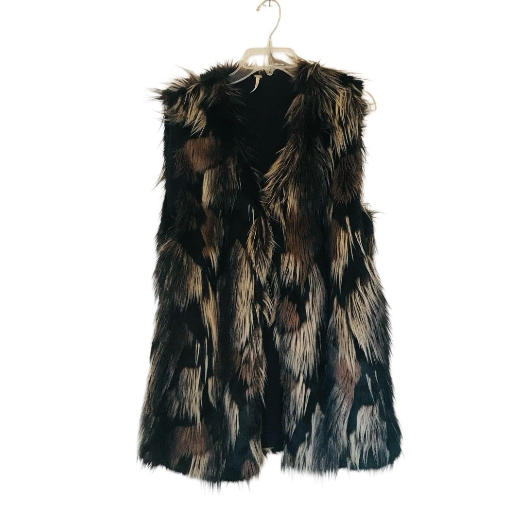 Free People Vest M Faux Fur Black Brown Tan Shaggy Preppy Boho Cute Womens M