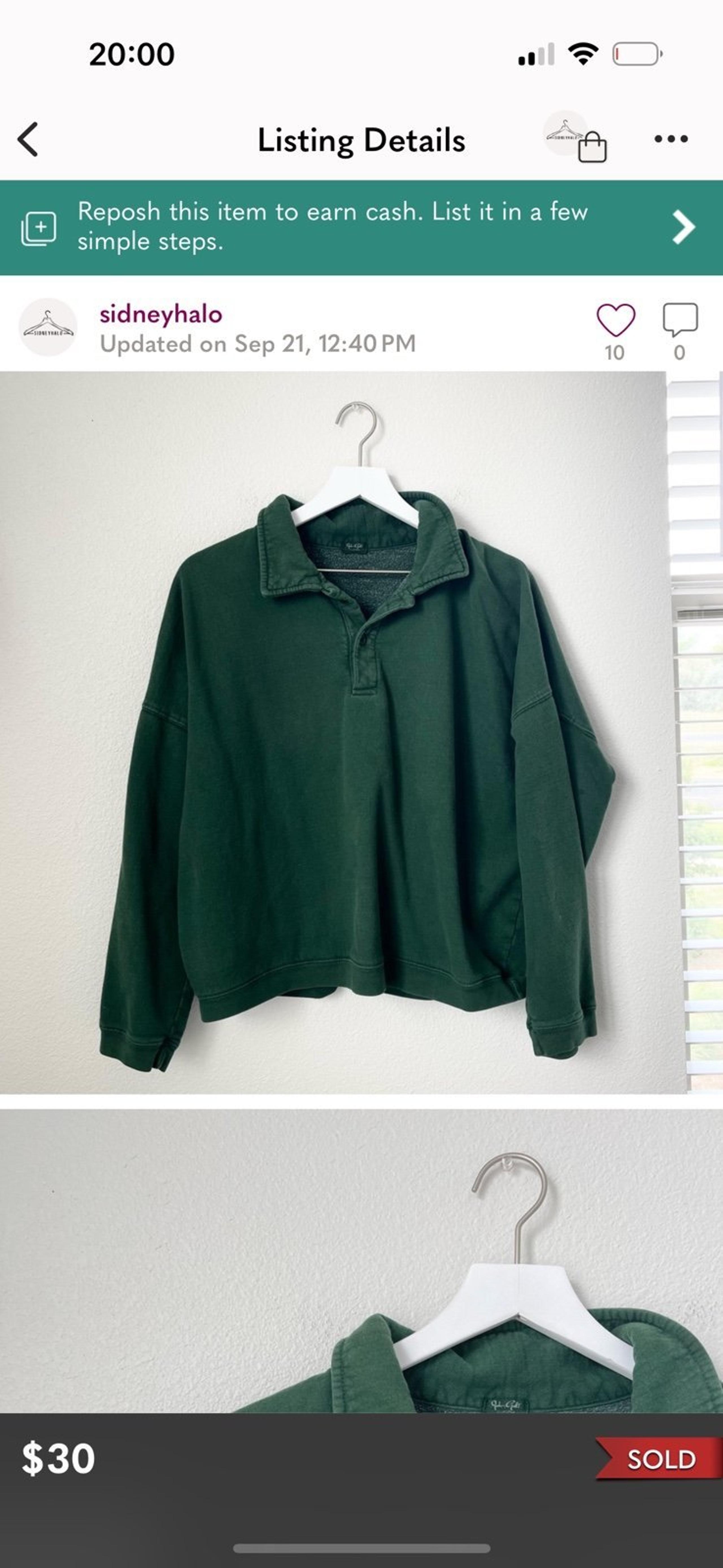 John Galt Boxy Button Down Sweatshirt Pullover Forest Green