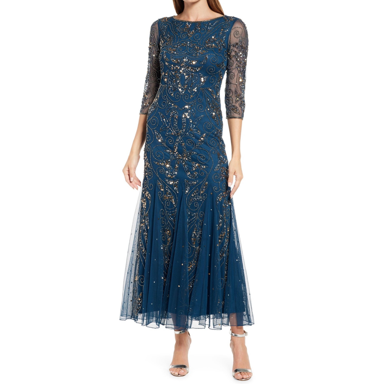 Pisarro Nights Illusion Sleeve Beaded A-Line Midi Gown in Sapphire Blue 4 NWD