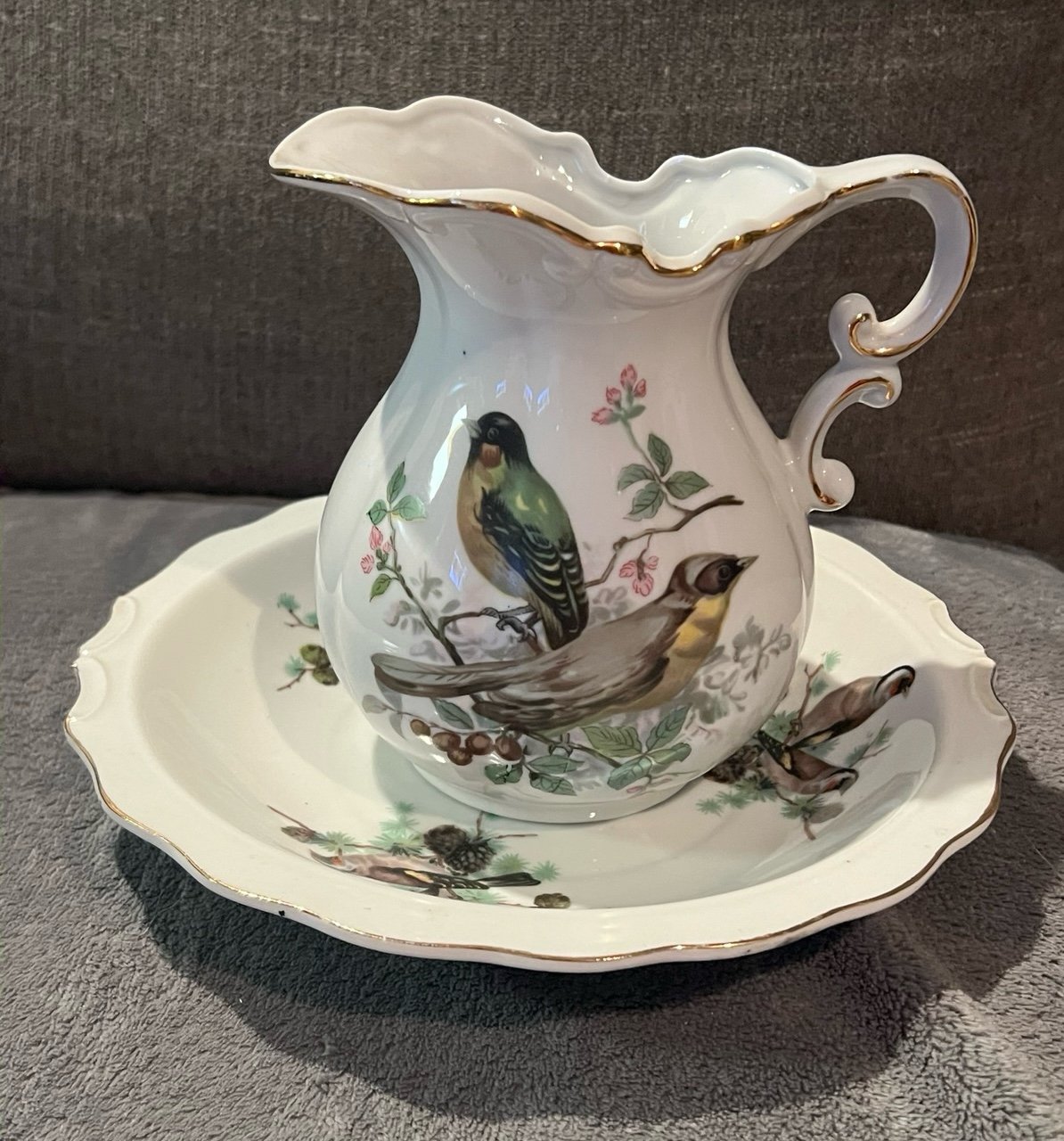 Royal Crown Flowers White & Gold Trim Pitcher & Bowl