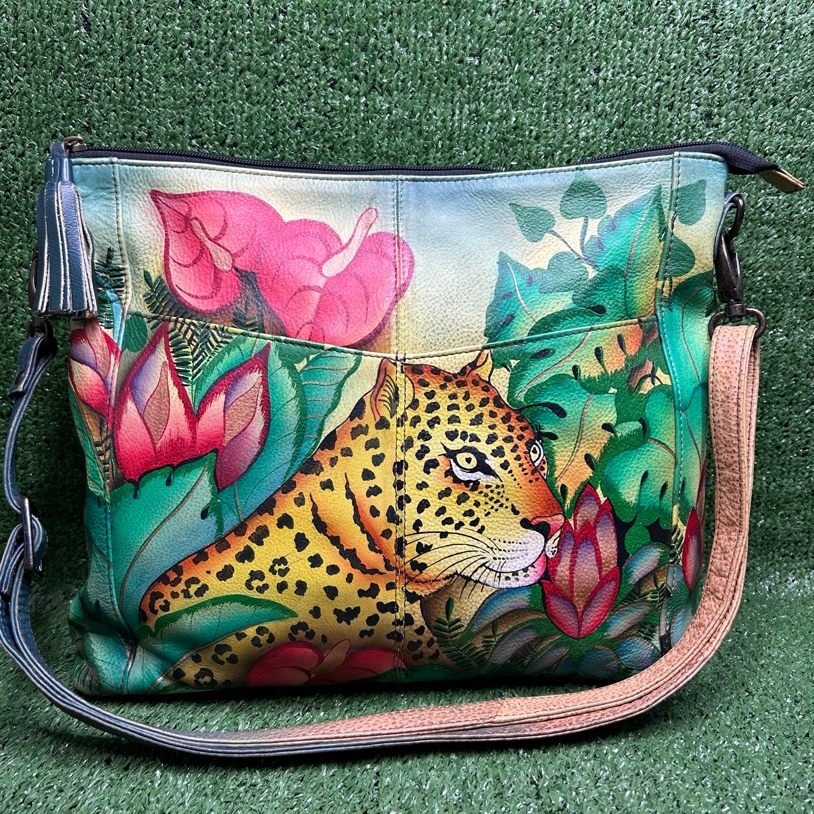 Anuschka Hand-Painted Leather Crossbody Bag in Leopard Design