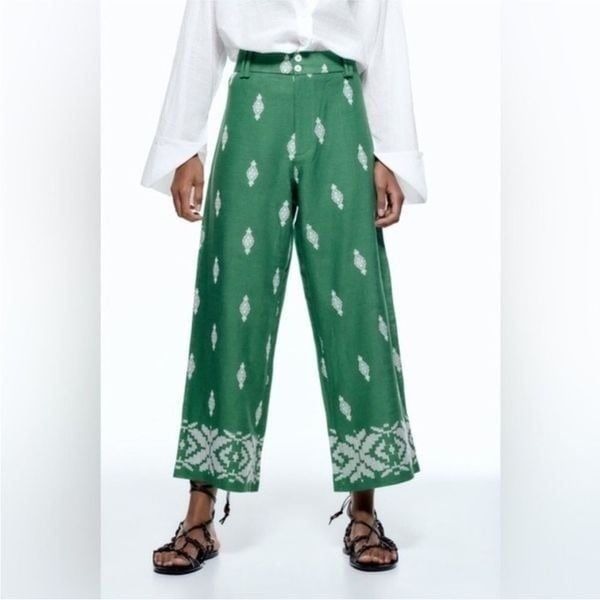 Zara Green High Waist Embroidered Wide Leg Pants | Size XS