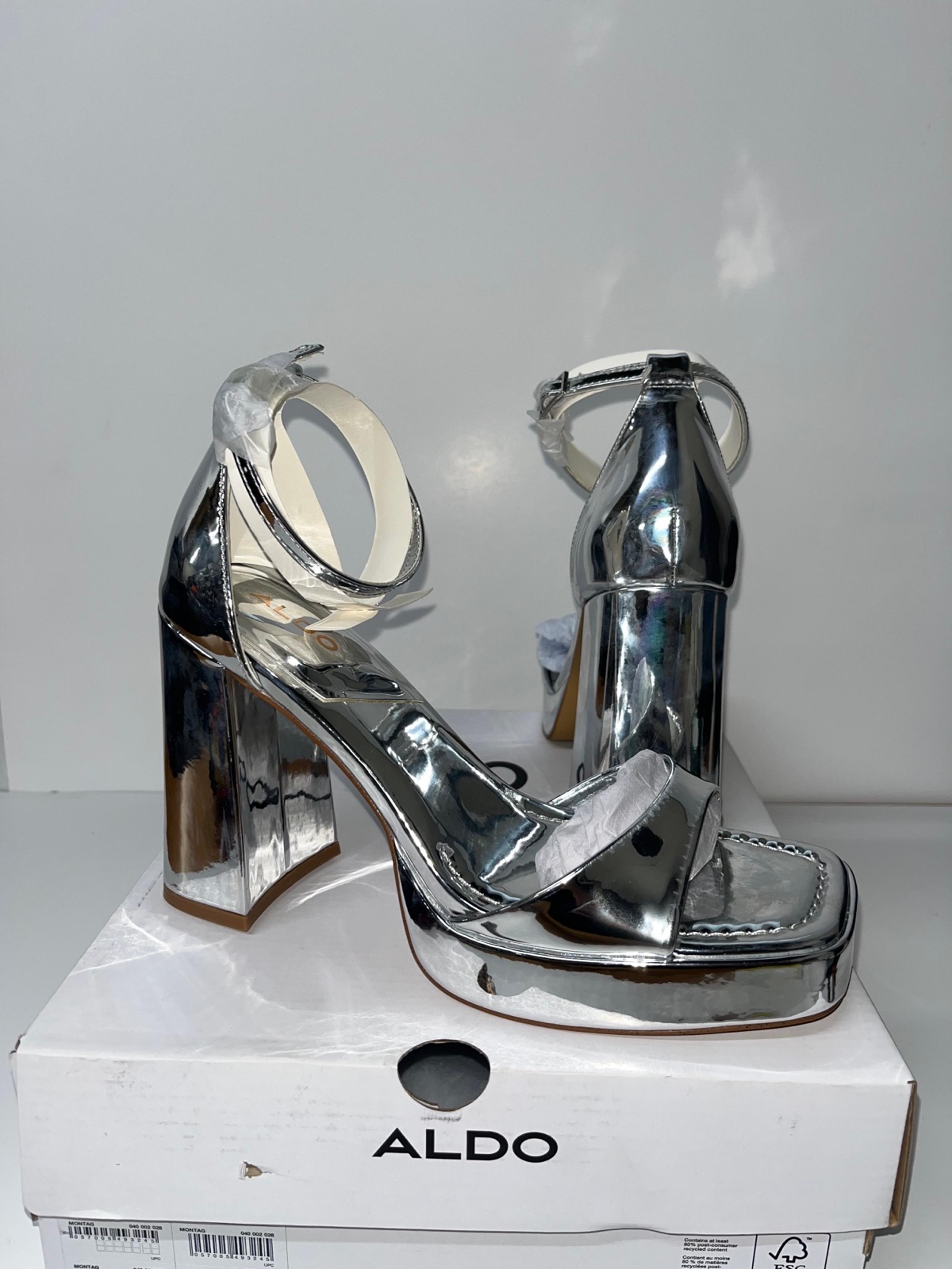 Aldo Women's Silver Montag Two Piece Ankle Strap Block Heel Sandals Size 8.5M
