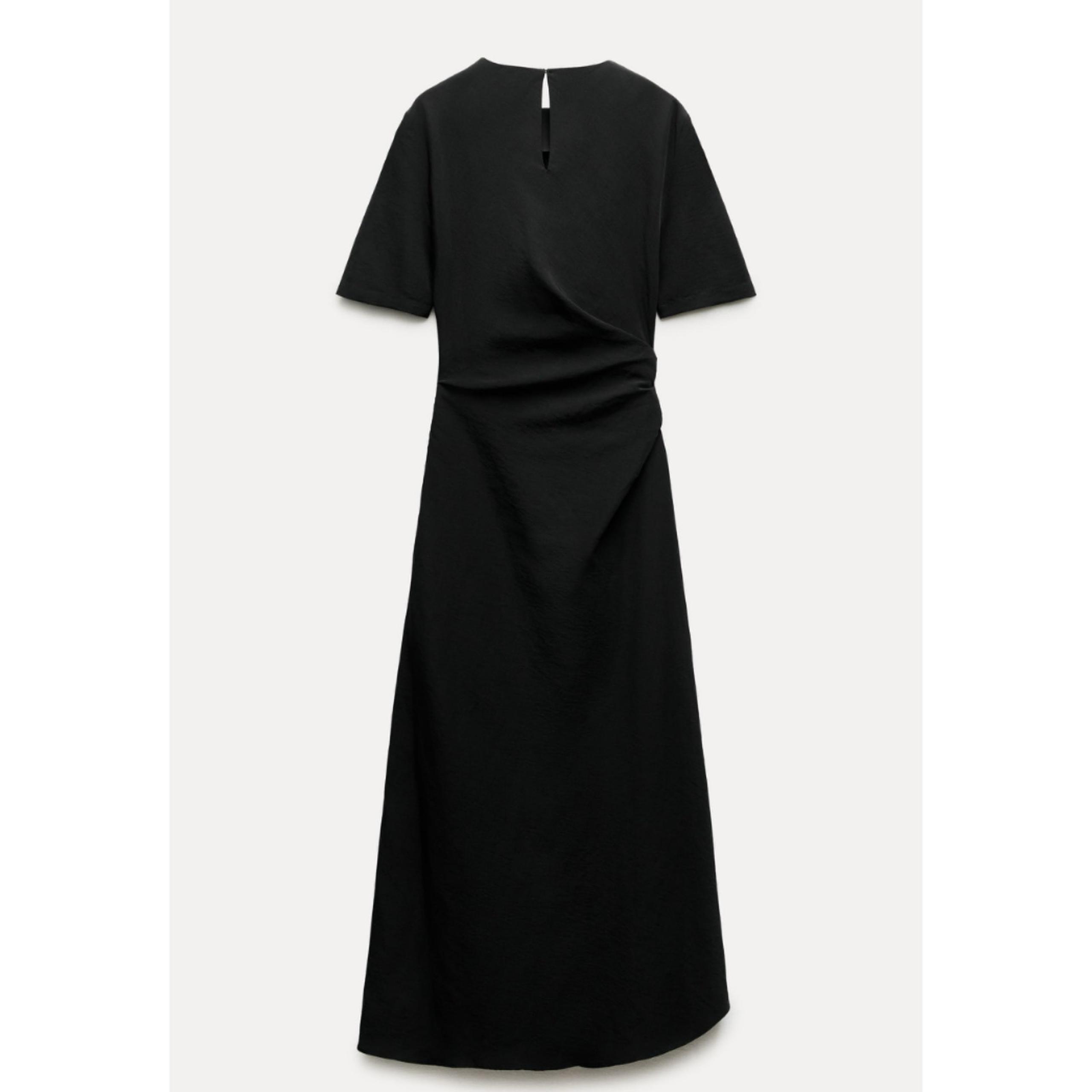 Zara Women's Collection Side Draped Mixi Dress Black Linen Blend Old Money S