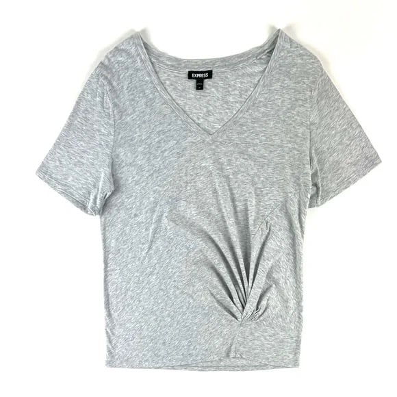 Express Heather Grey Ruched Front V-Neck Tee