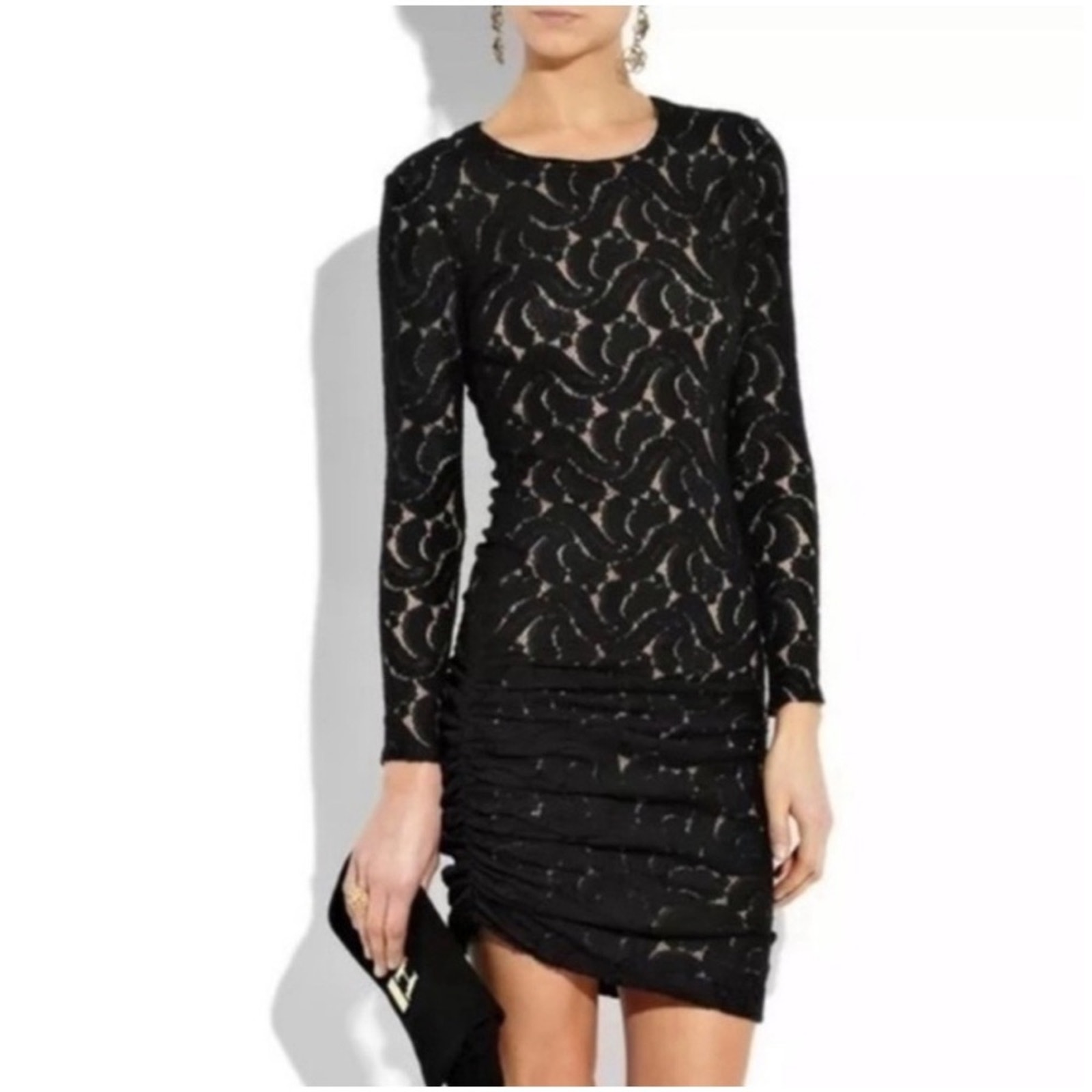 ALC Women’s Sz S Black Lace Ruched Mini Dress Long Sleeves Scarlett