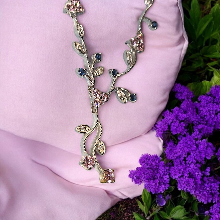 Epiphany Necklace Pink Blue Cubic Zirconia w Box Marked 9255 CZ 16-18 (JB2)