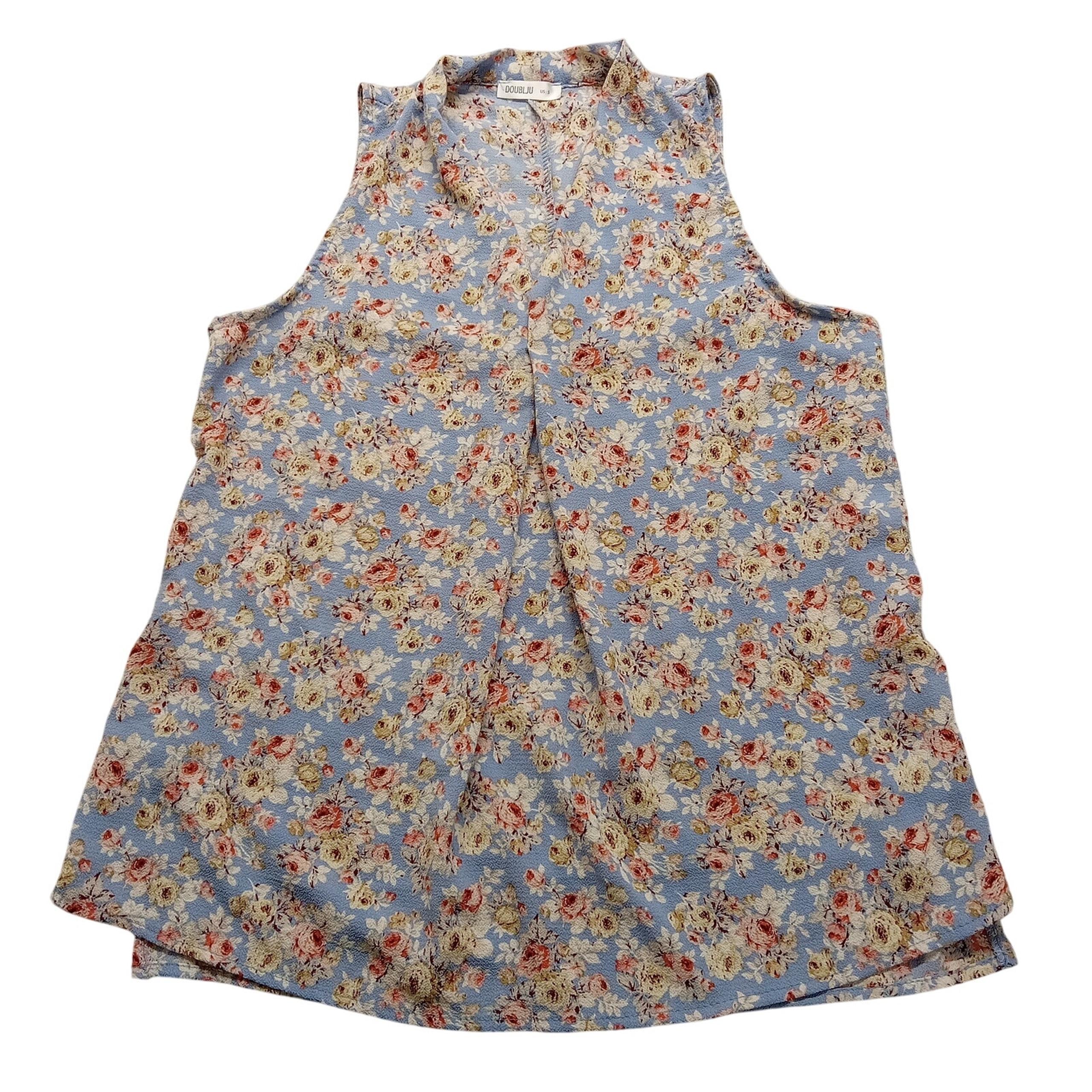 DoublJu Top 9 Women's Sleeveless Blouse Blue Floral Polyester