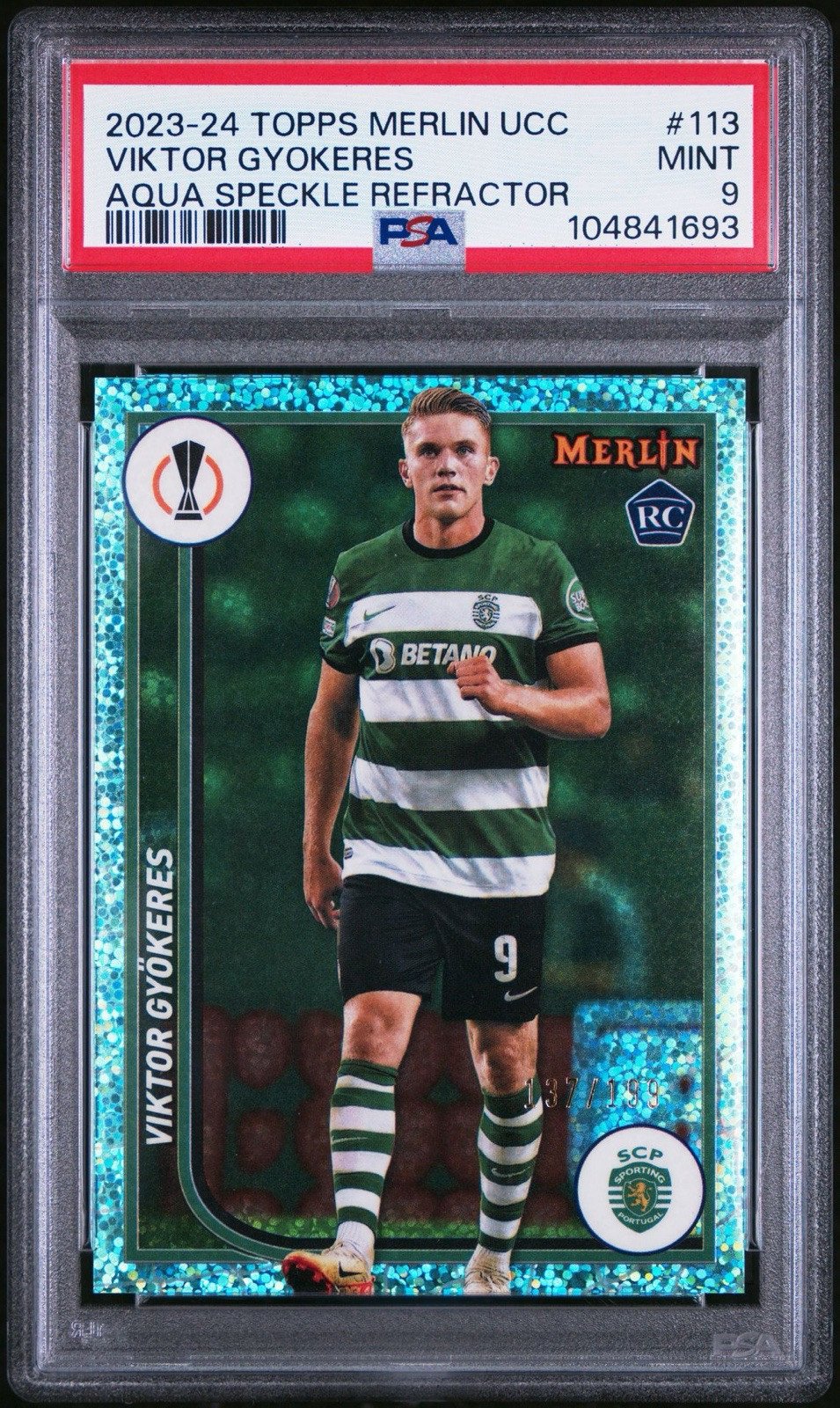 2023-24 Topps Merlin Chrome Viktor Gyokeres RC Aqua Speckle Refractor /199 PSA 9