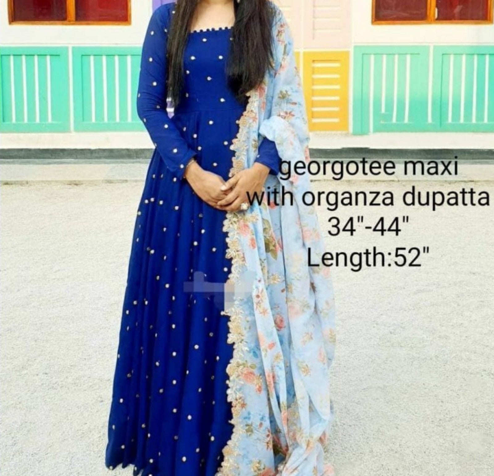 Georgette Royal blue long Anarkali/ maxi with floral georgette dupatta