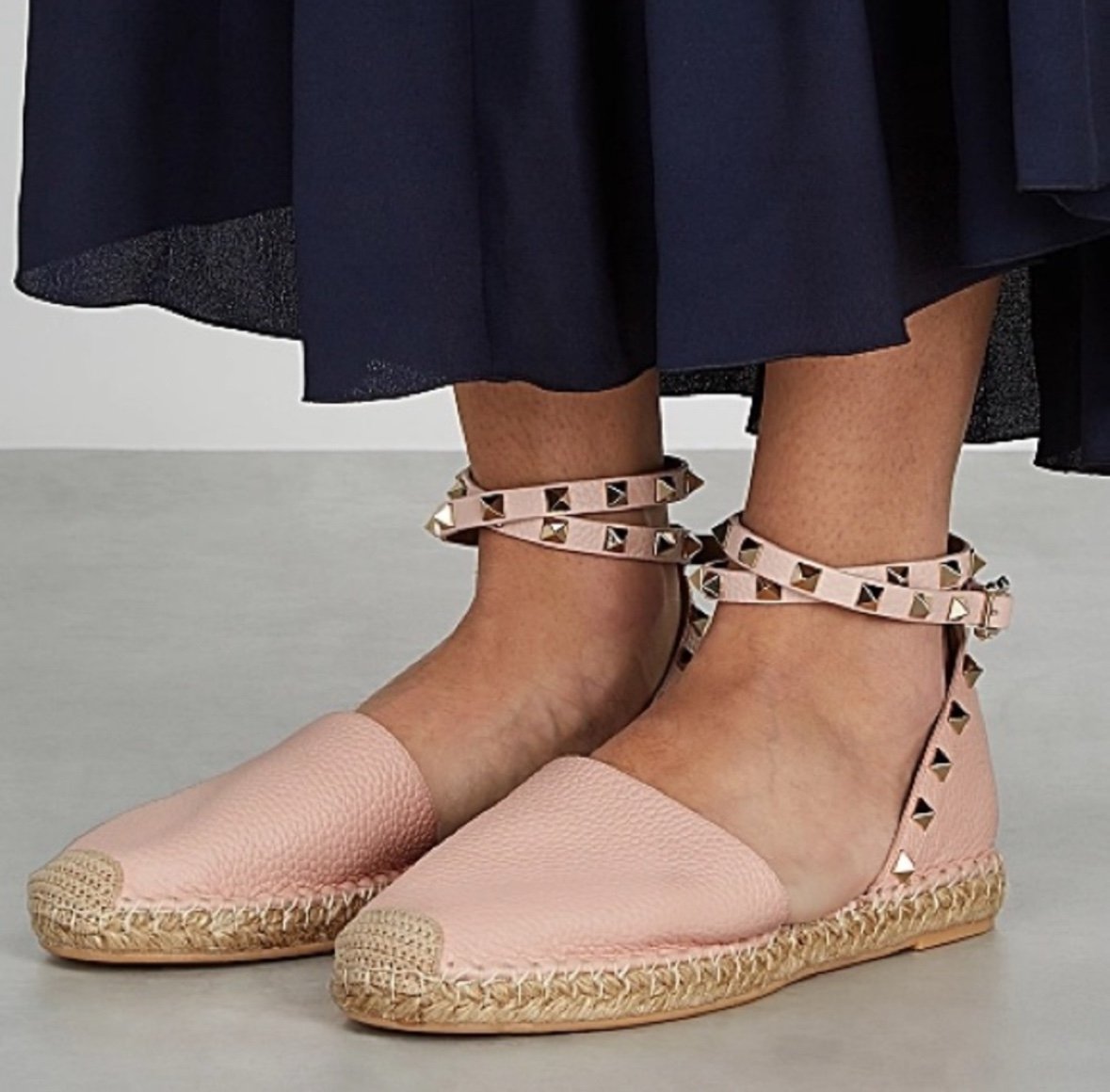 Valentino Garavani Rockstud Espadrille Sandals Leather Wrap Ankle Poudre Pink 35