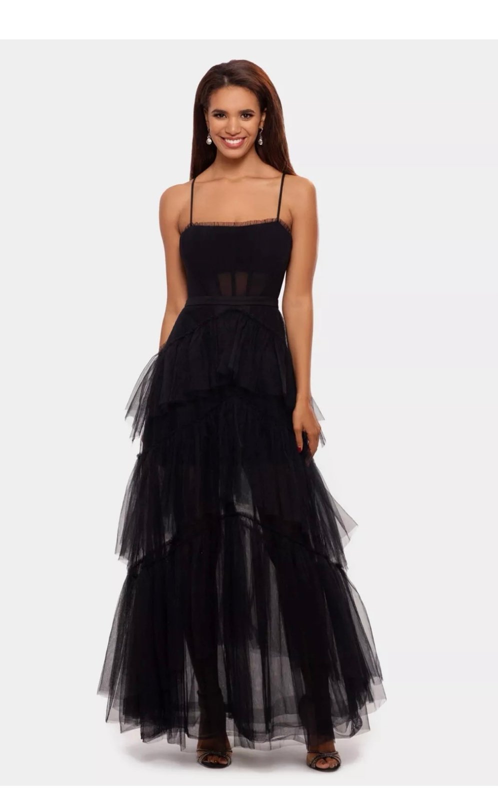 Betsy & Adam Size 2, Black Mesh Corset Tiered Ruffle Prom Dress. Perfect cond.