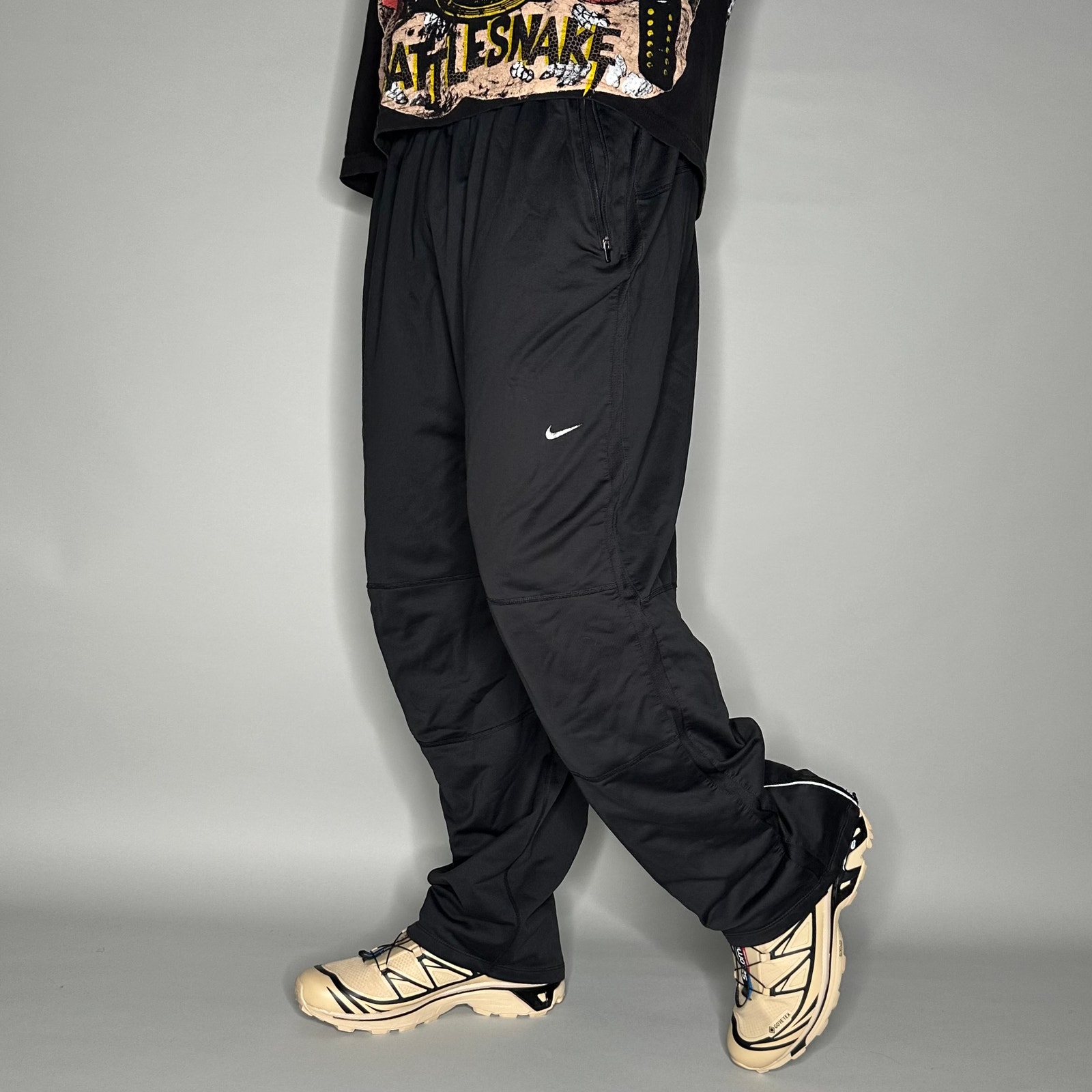 Nike Sweatpants Black Polyester White Swoosh Baggy Wide Leg Dri Fit