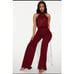 Fashion Nova Here To Shine Sequin Jumpsuit Burgundy Wide Leg XS Halter NWT
