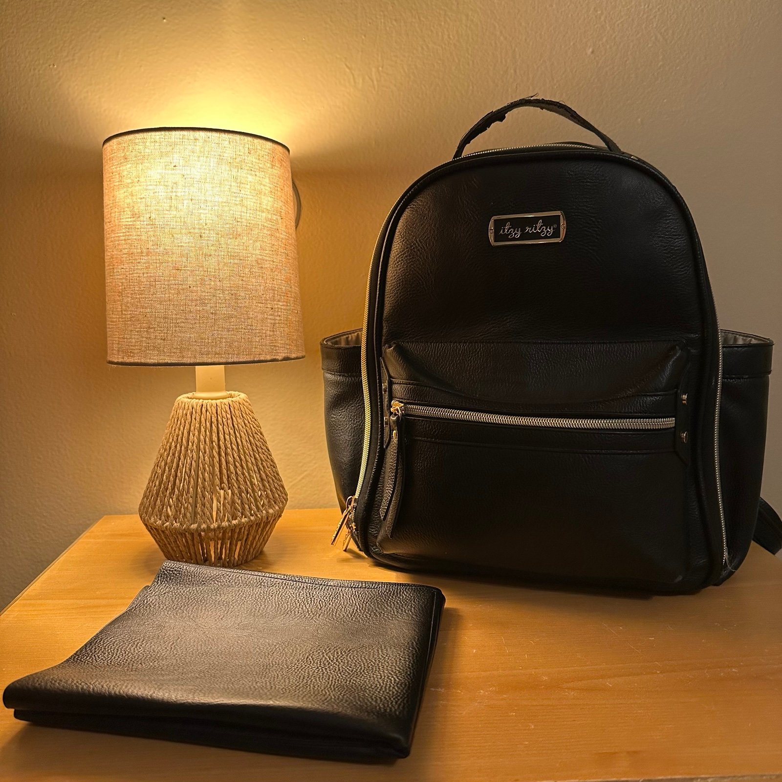 Itzy Ritzy black leather diaper bag