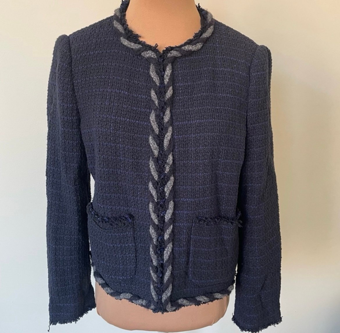Rebecca Taylor Crochet Tweed Navy Blue Cotton Blend Blazer Jacket EUC Size 2