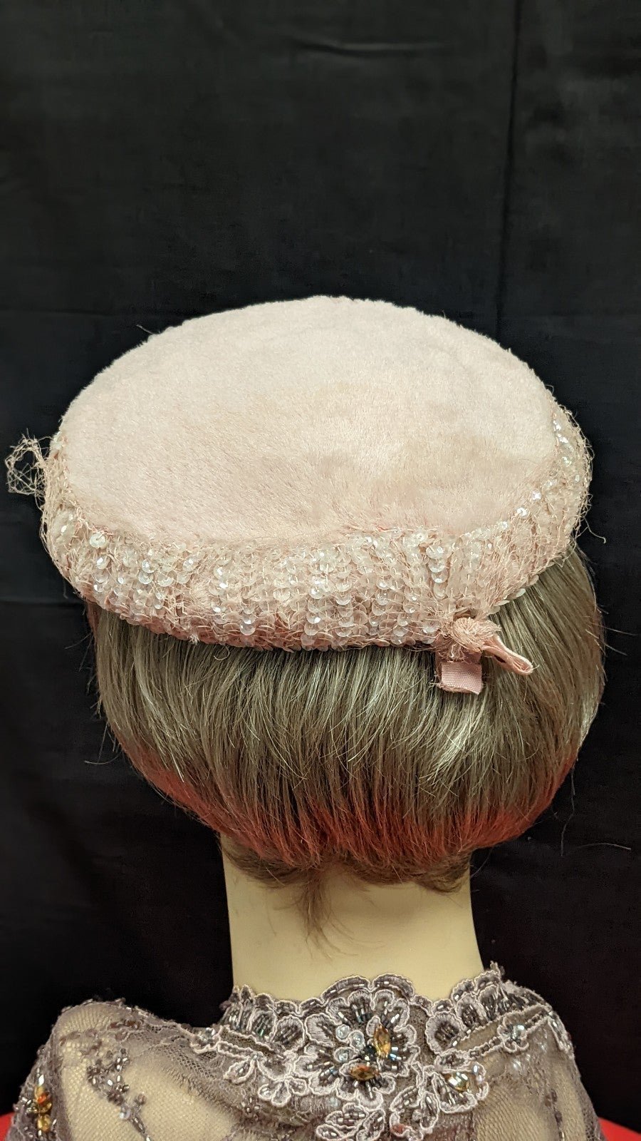 50's Pale Pink Pillbox Hat Side Ear Clips, Sequins VINTAGE Doris Day