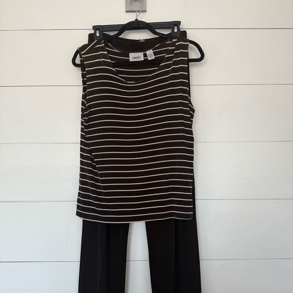 Chico’s Travelers Women’s 2 Brown Striped Tank 1 Slinky Pants 2 Piece Set