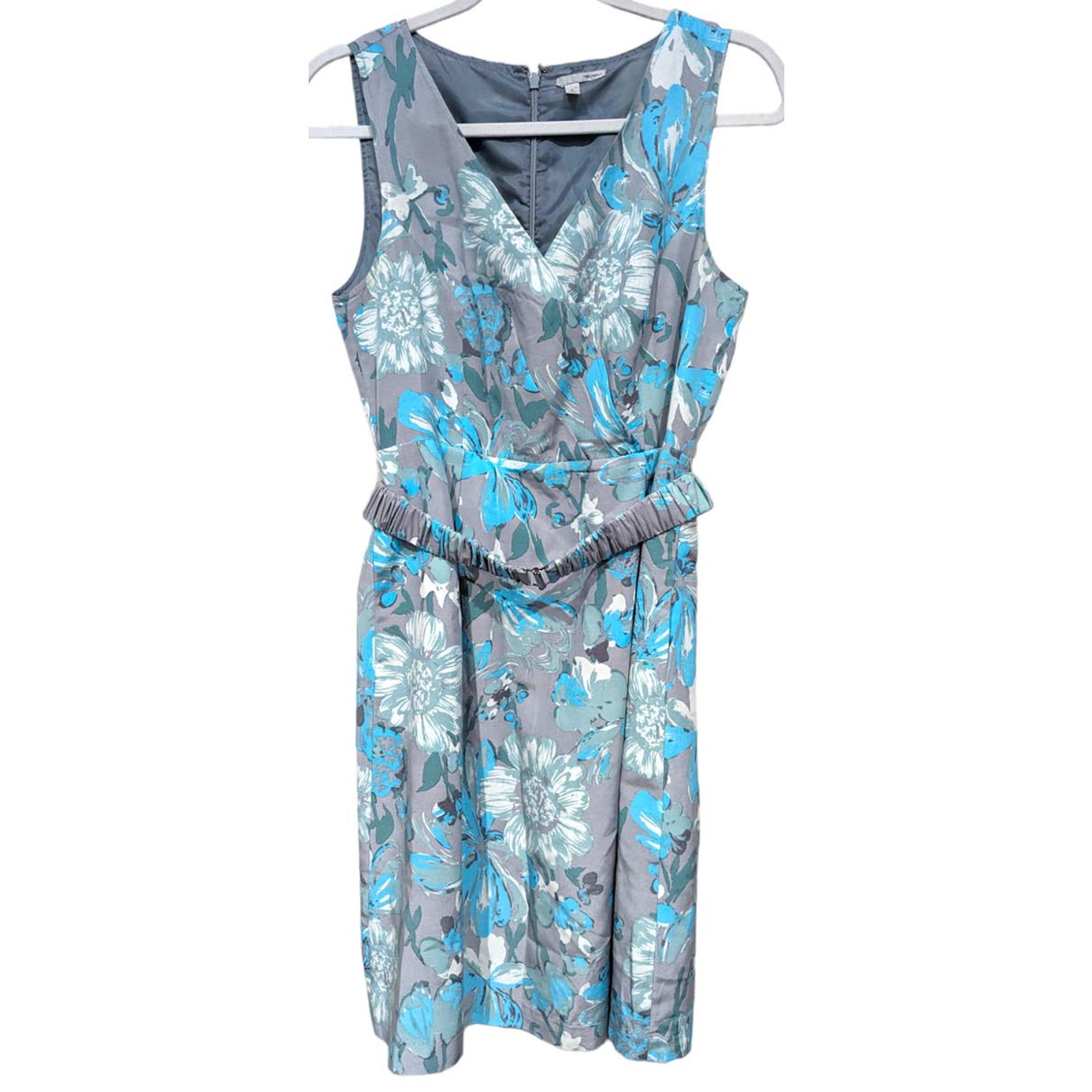 Halogen Belted Silk Blend Gray and Blue Floral Sleeveless Knee Length Dress sz 6