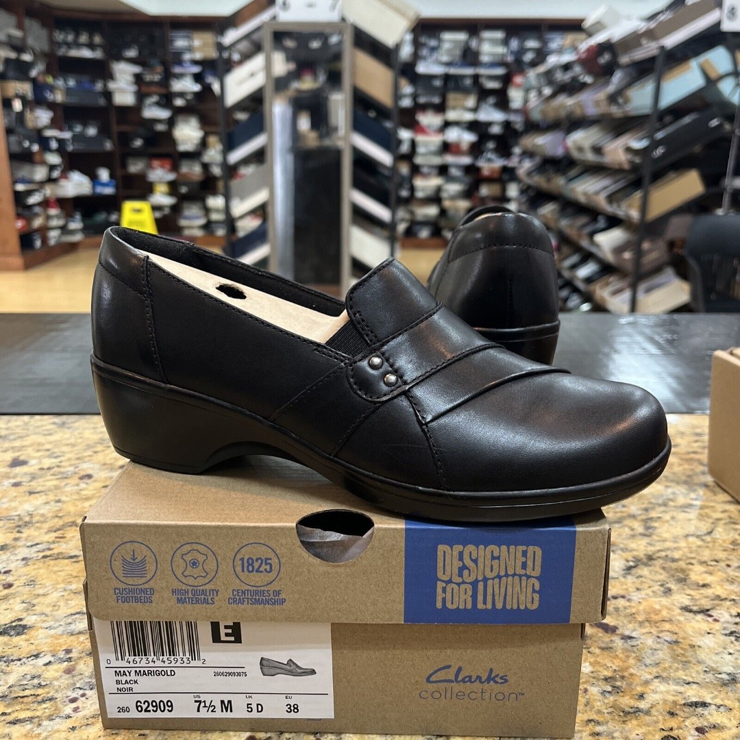 Clarks Womens Cushioned May Marigold Slip On Black Loafer Leather Size 7.5M