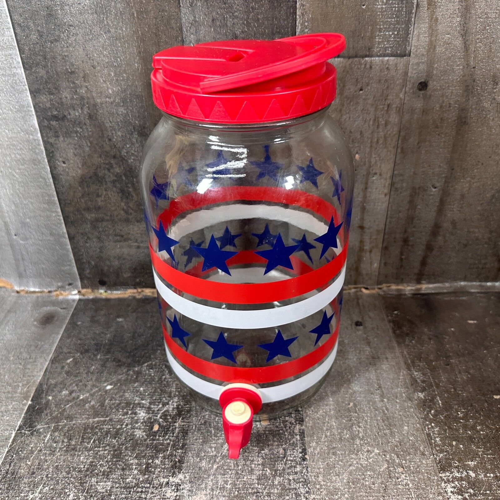 Glass Sun Tea/ Beverage Dispenser Jar Jug Red White & Blue Patriotic July 4th