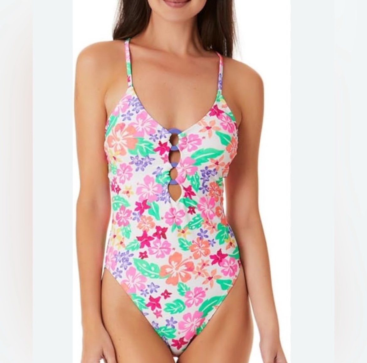 CALIFORNIA WAVES HAWAII SUNSET RING-FRONT ONE-PIECE SWIMSUIT MULTICOLOR SIZE M
